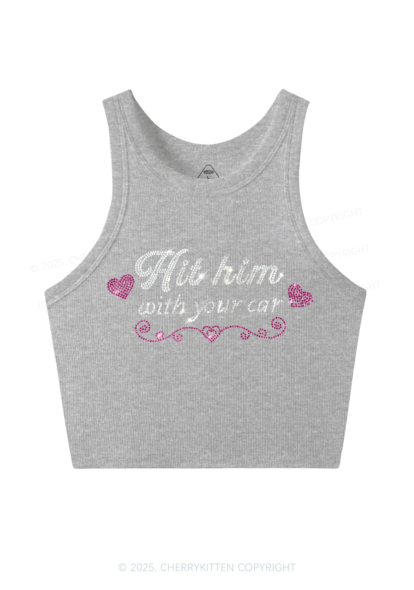 Rhinestone Hit Him Y2K Crop Tank Top Cherrykitten