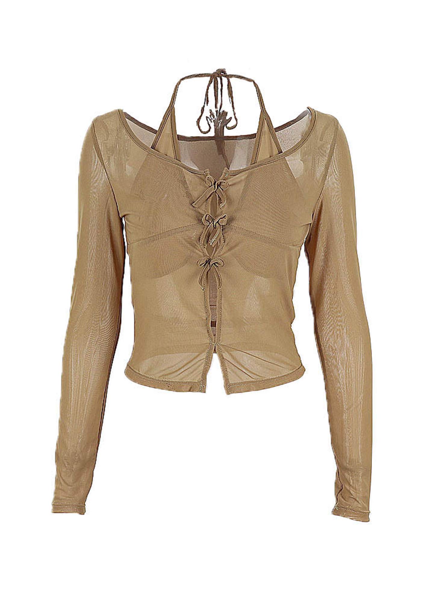 V Neck Bow See Through Long Sleeve Top Cherrykitten