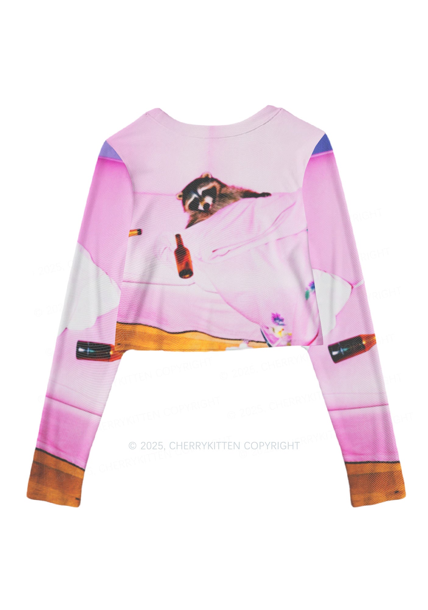 Pink Couch Raccoon Y2K Mesh Long Sleeve Crop Top Cherrykitten