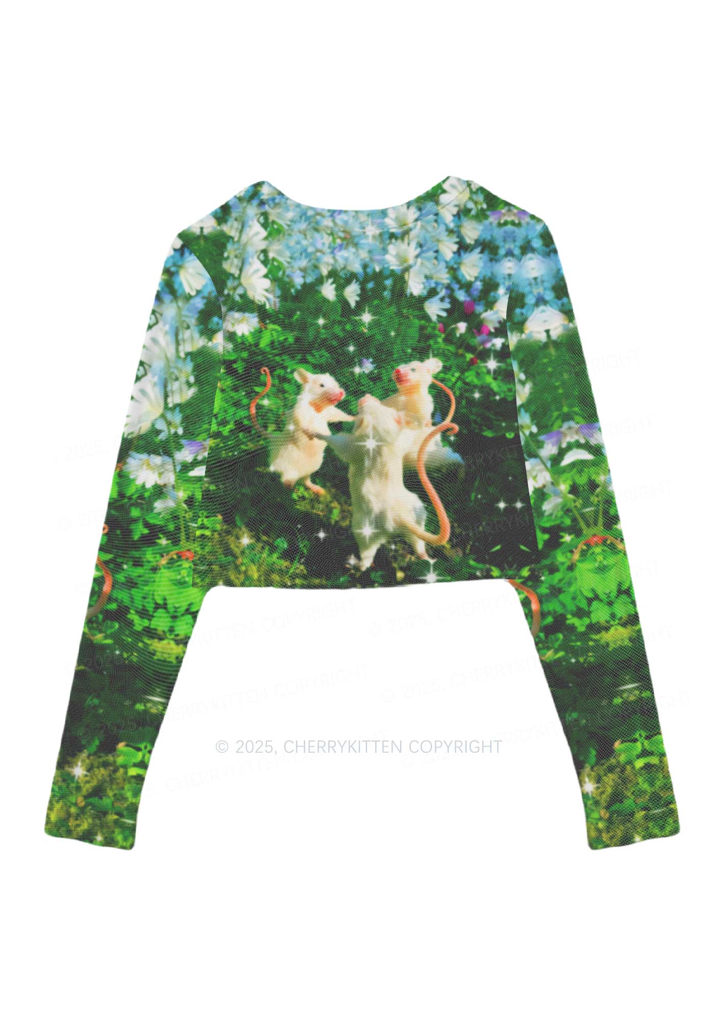 Dancing Rat Y2K Mesh Long Sleeve Crop Top Cherrykitten Art by OhStuffinell Taxidermy