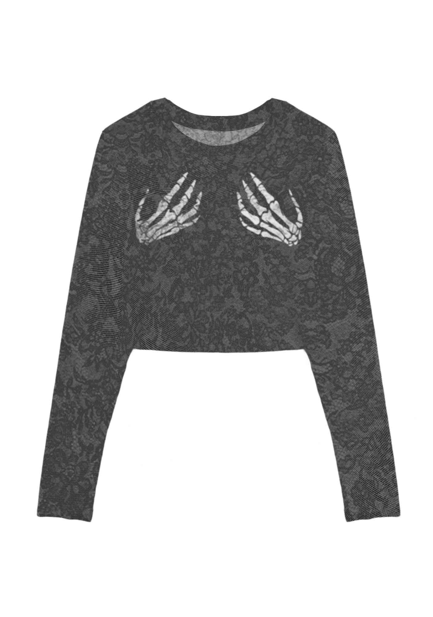Skeleton Hand Txts Y2K Mesh Long Sleeve Crop Top Cherrykitten