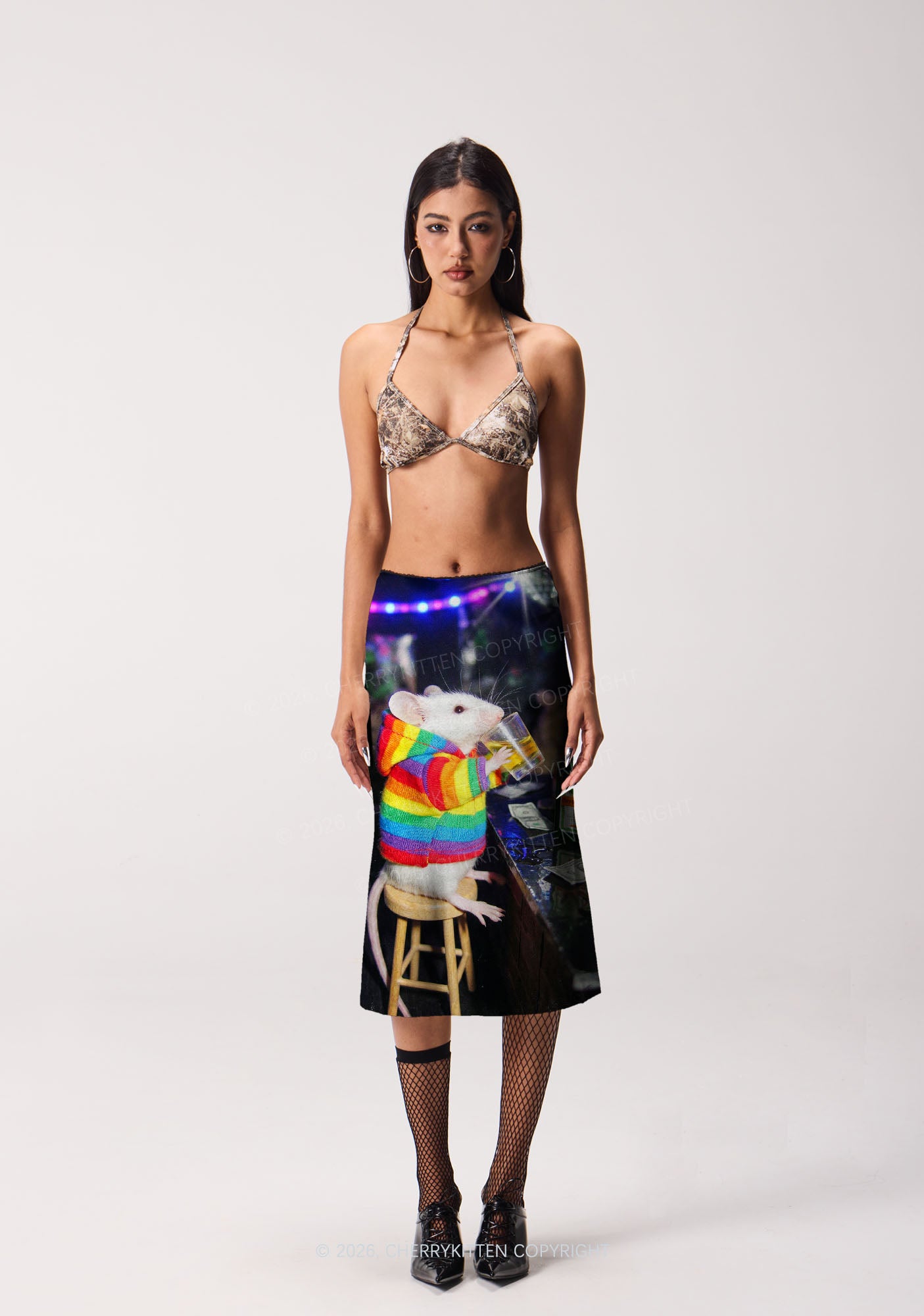 Rainbow Hoodie Rat Drinking Pride Y2K Print Midi Skirt Cherrykitten