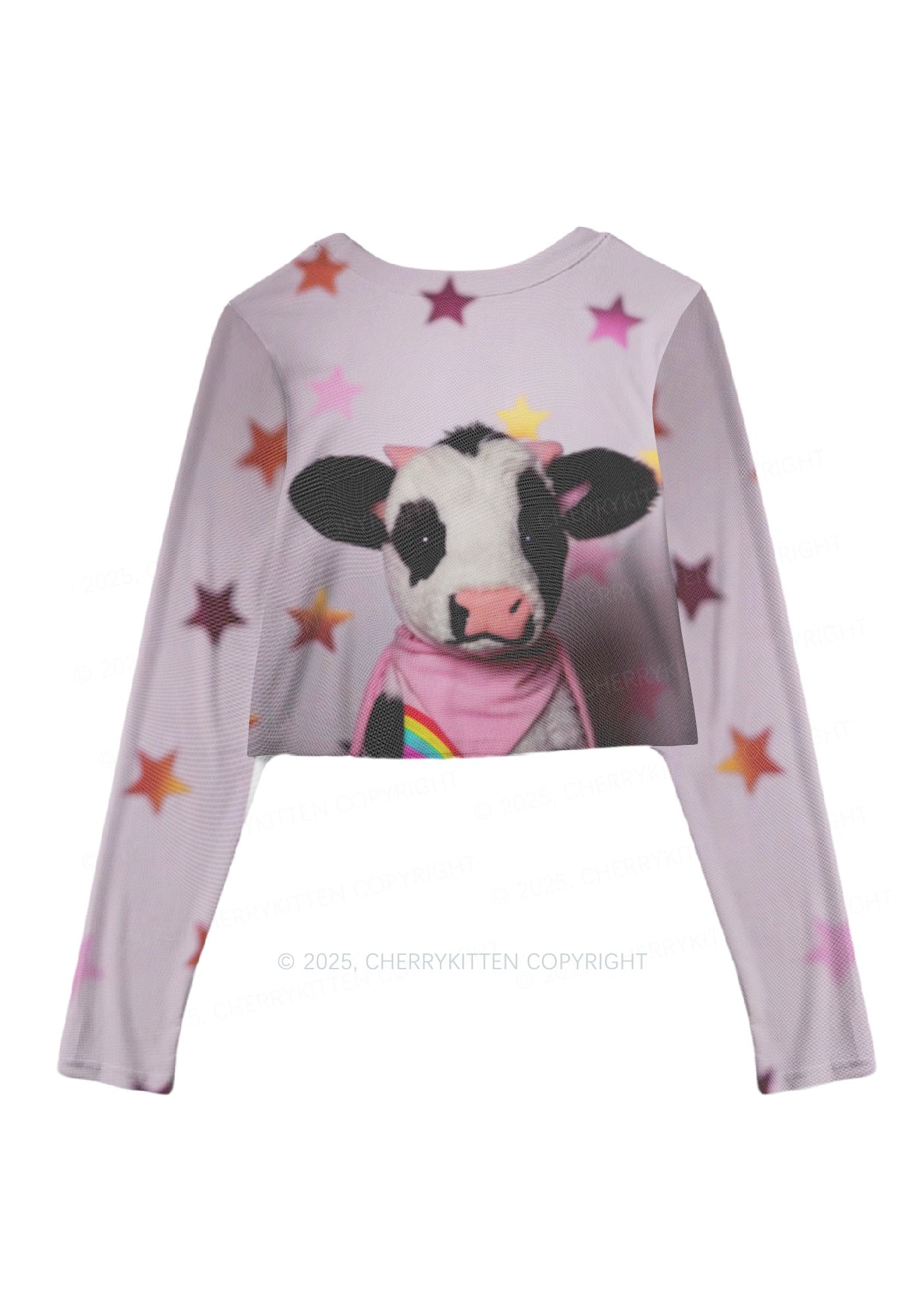 Cow Magic Stars Y2K Mesh Long Sleeve Crop Top Cherrykitten