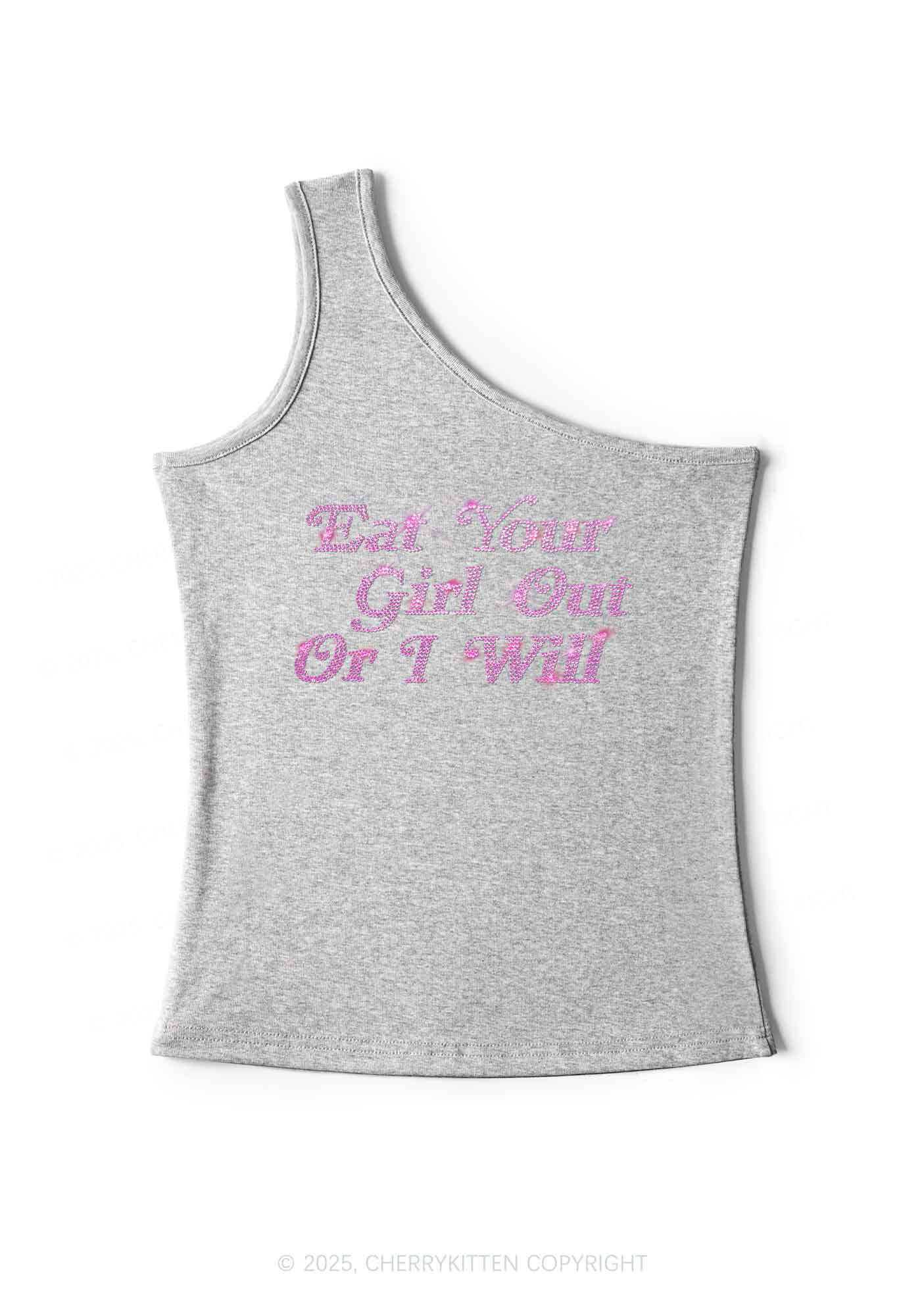 Rhinestone Eat Your Girl Out Y2K One Shoulder Tank Top Cherrykitten