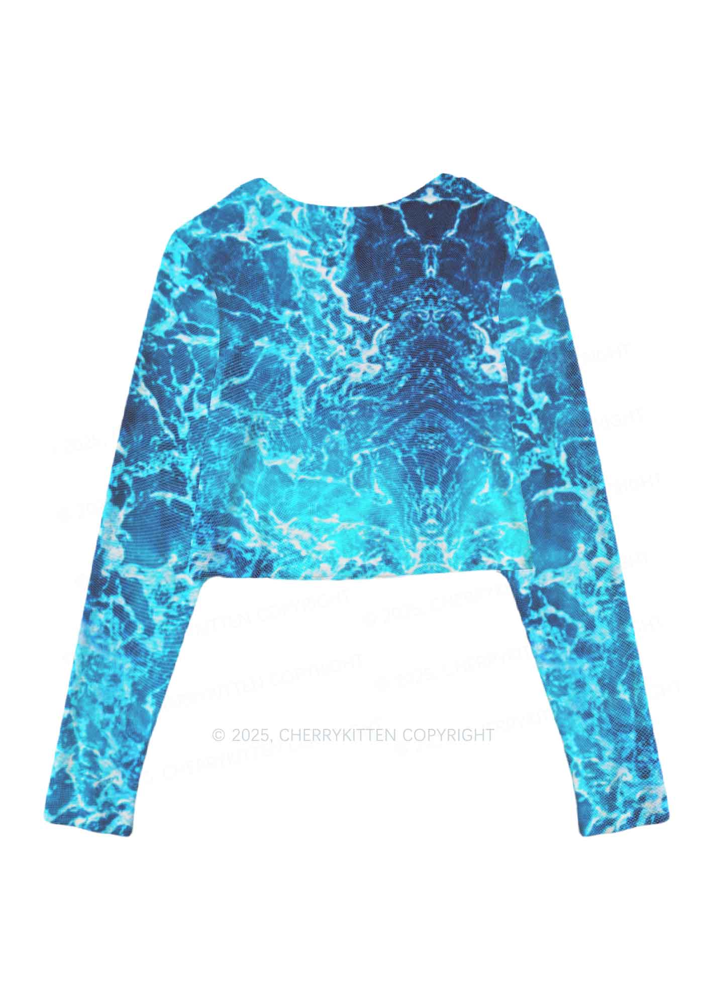 Ocean Wave Y2K Mesh Long Sleeve Crop Top Cherrykitten