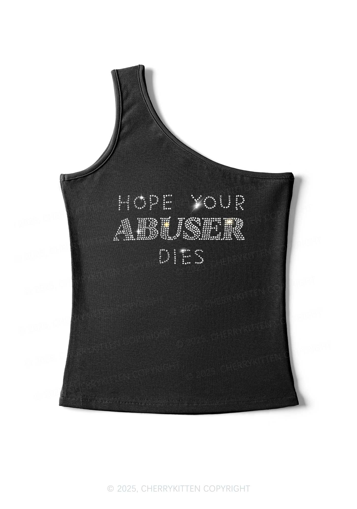 Rhinestone Abuser Dies Y2K One Shoulder Tank Top Cherrykitten