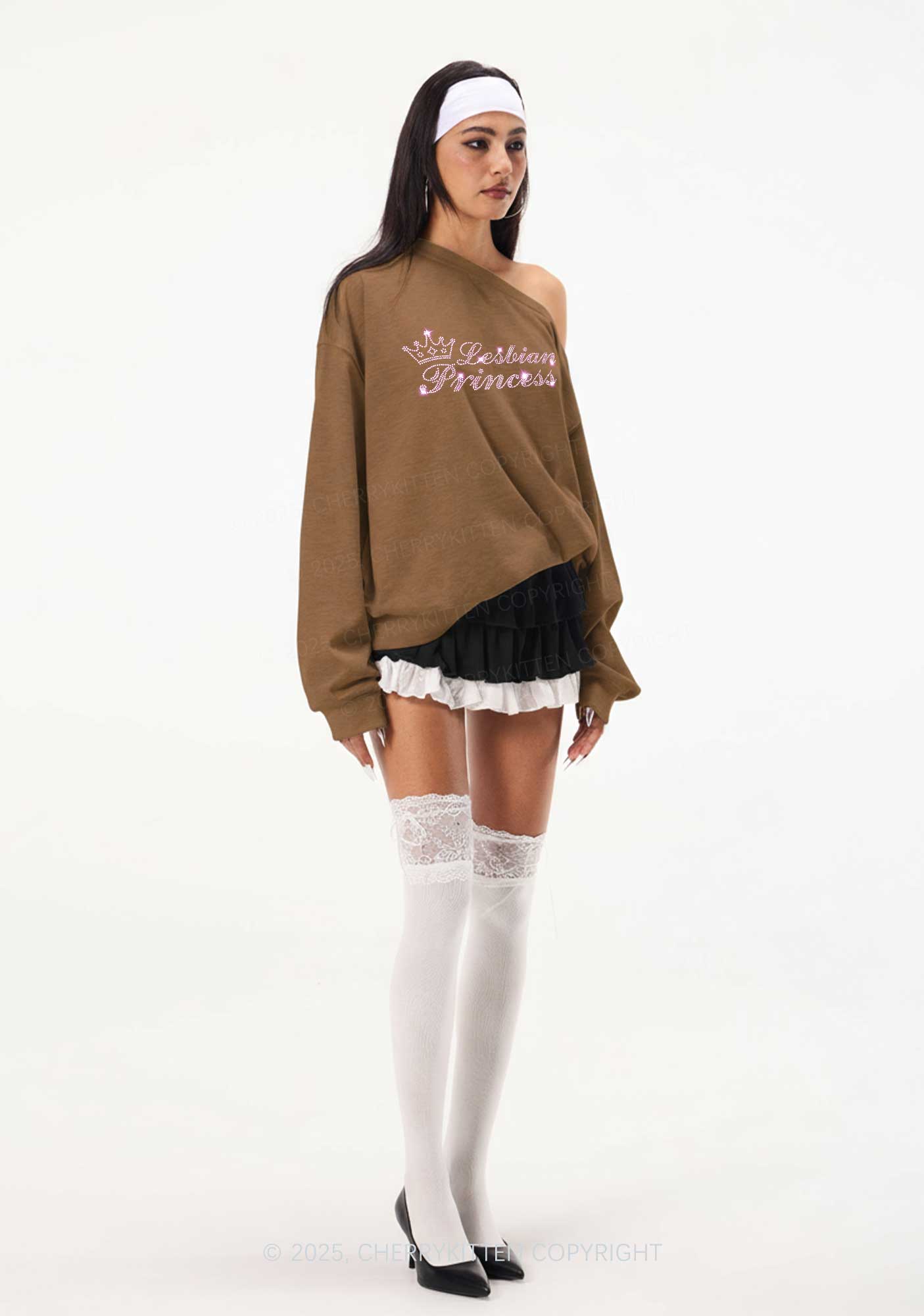 Rhinestone Lesbian Princess Pride Y2K Off Shoulder Sweatshirts Cherrykitten