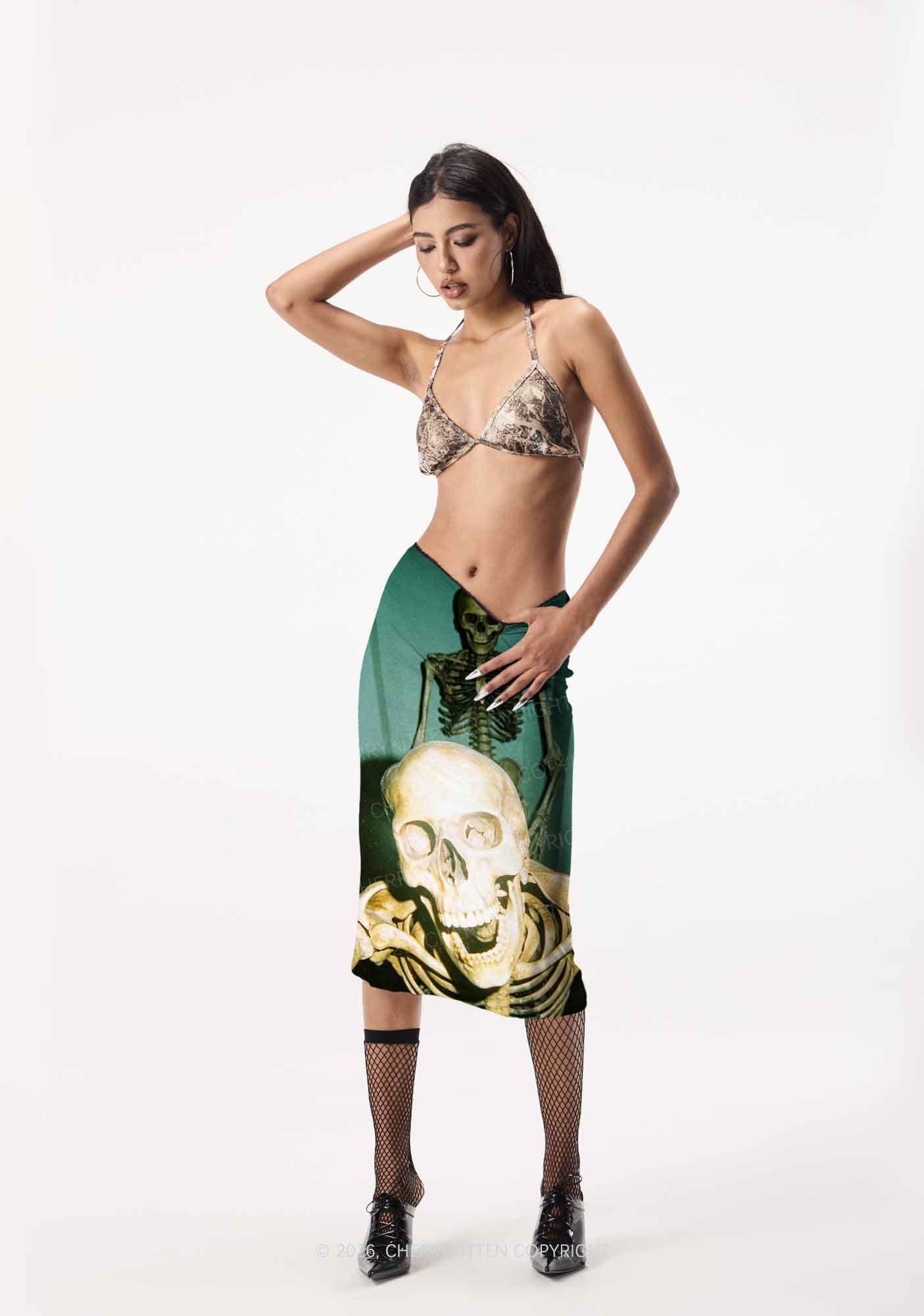 Halloween Double Skeleton Selfie Y2K Print Midi Skirt Cherrykitten