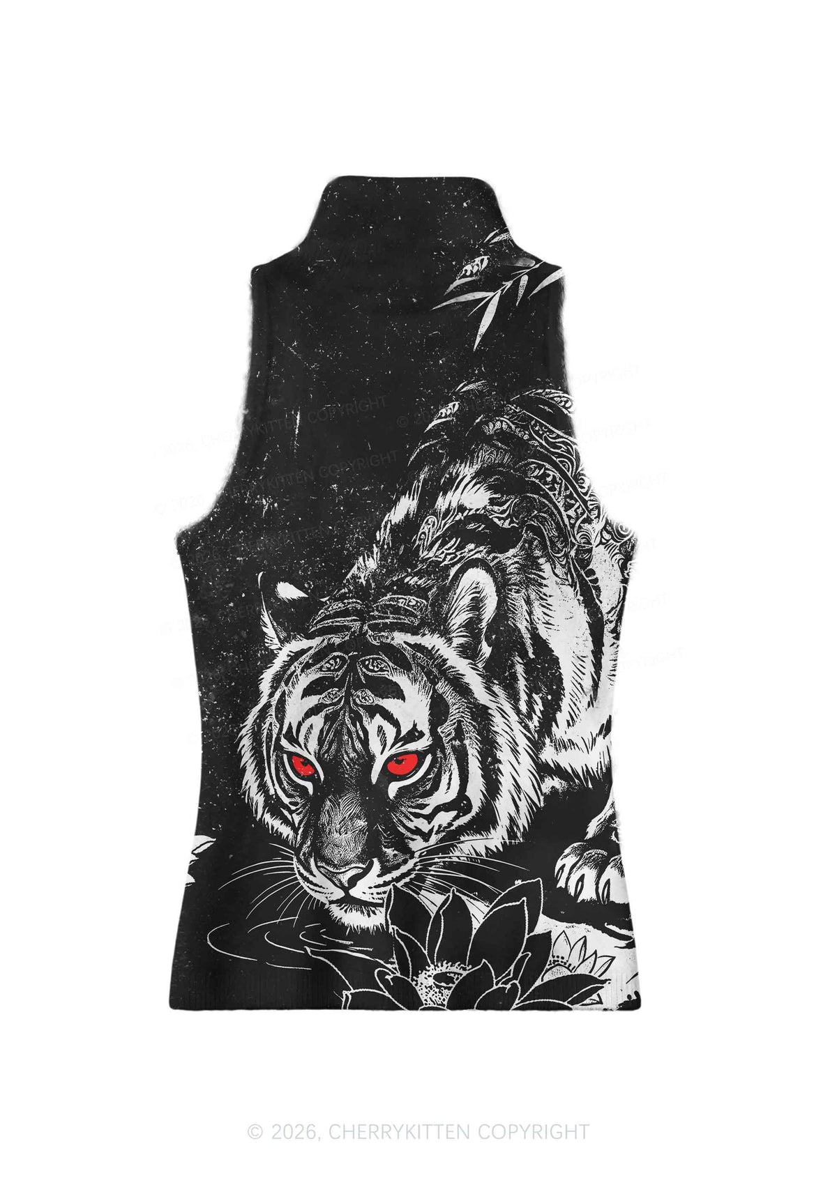 Red Eyes Tiger Y2K Knit Turtleneck Tank Top Cherrykitten