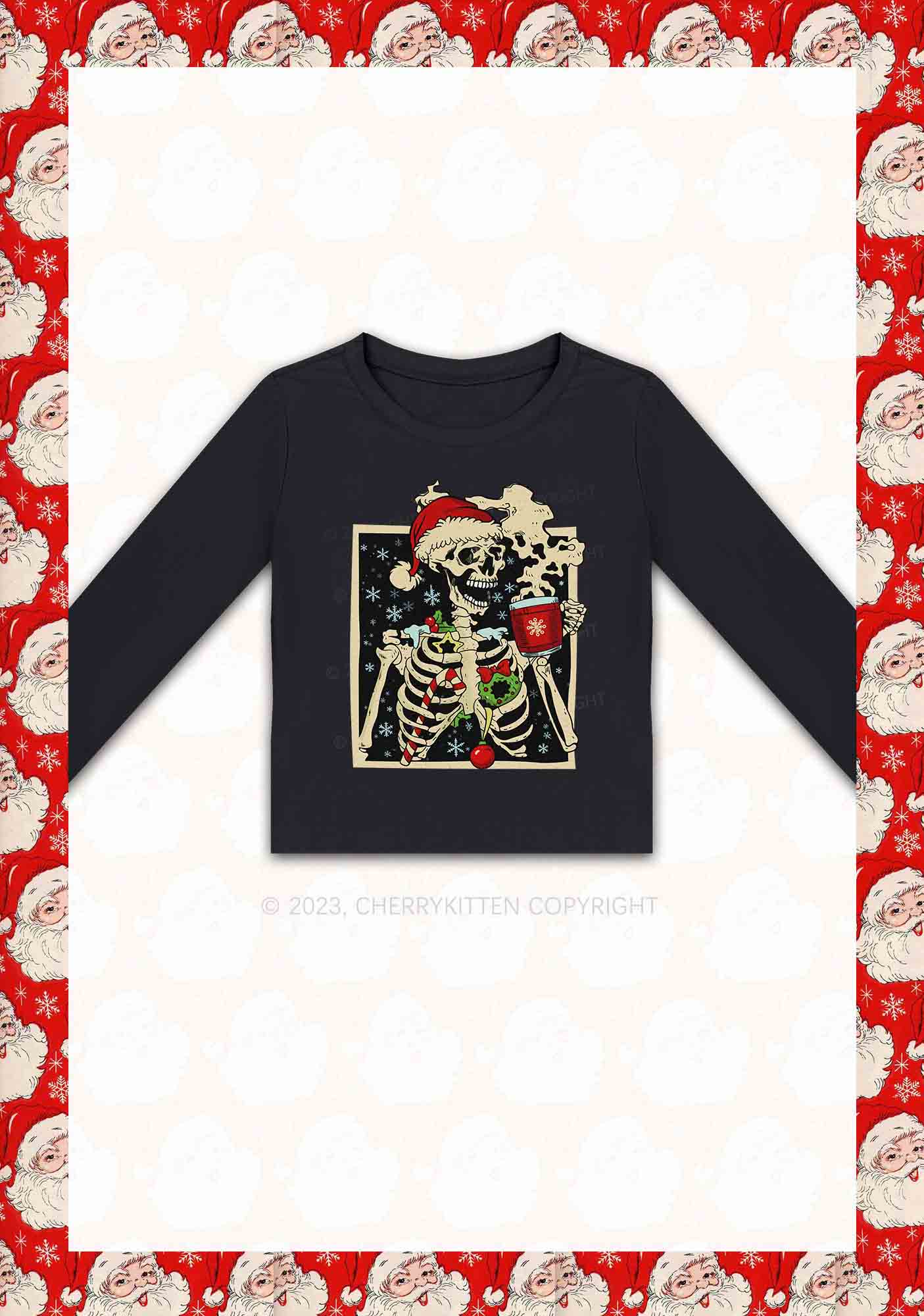 Merry Christmas Skeleton Y2K Long Sleeve Crop Top Cherrykitten