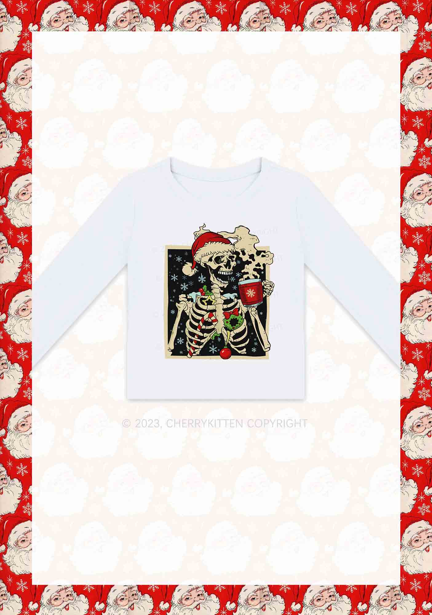 Merry Christmas Skeleton Y2K Long Sleeve Crop Top Cherrykitten