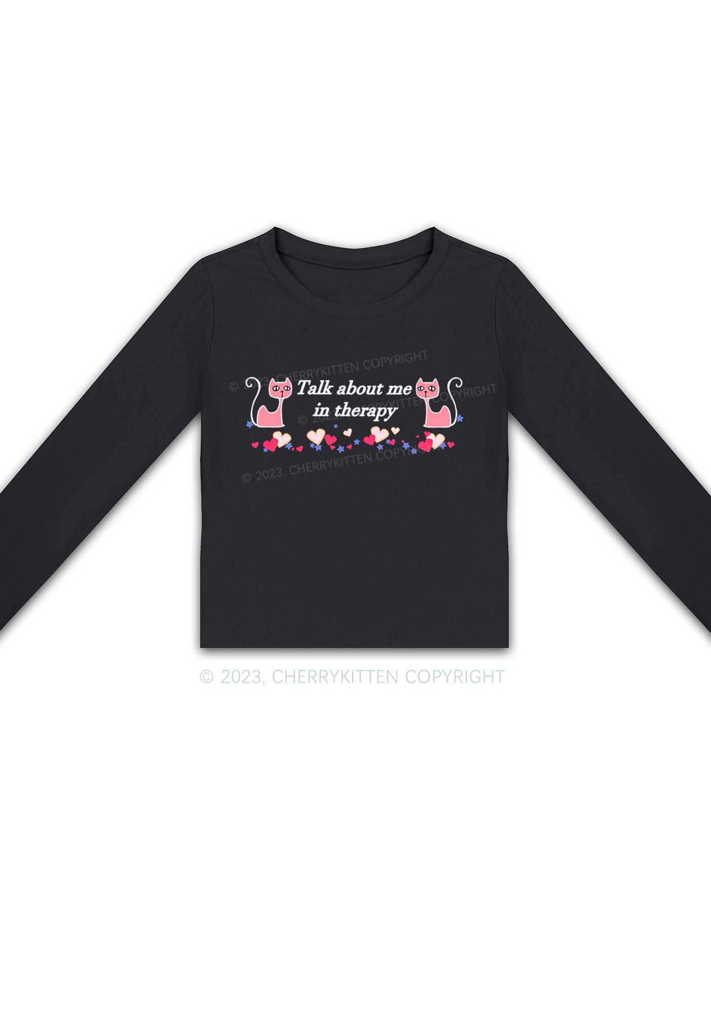 Talk About Me Pink Cats Y2K Long Sleeve Crop Top Cherrykitten