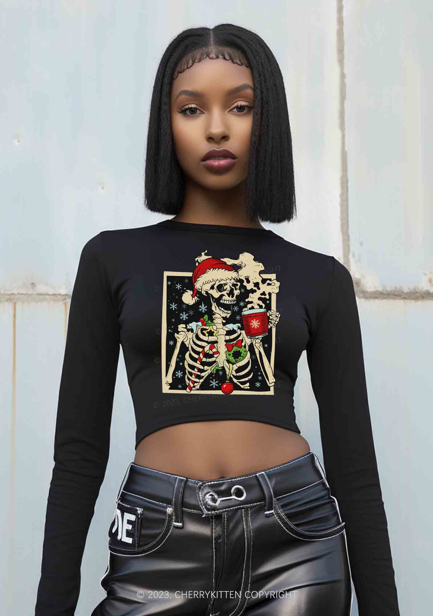 Merry Christmas Skeleton Y2K Long Sleeve Crop Top Cherrykitten