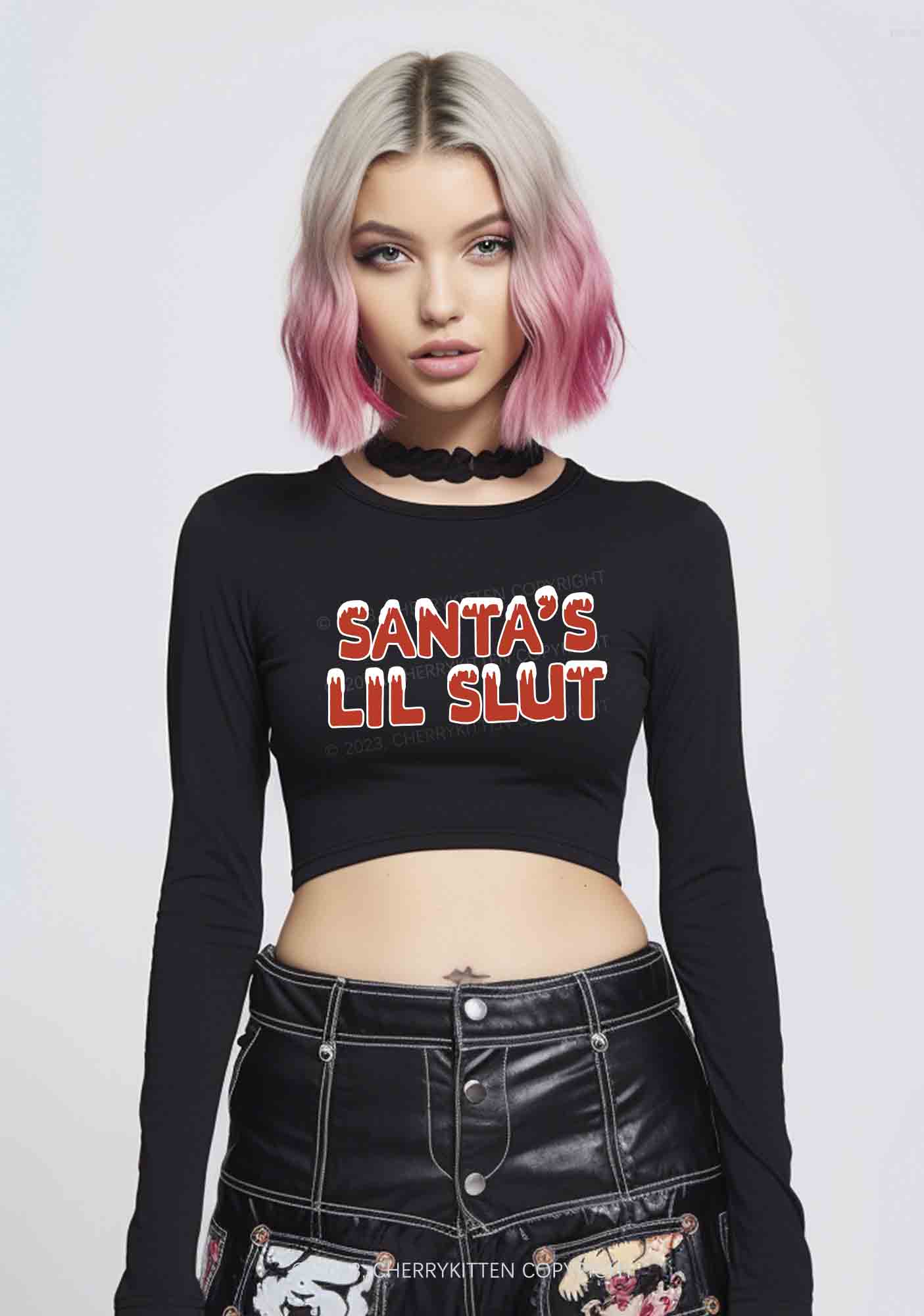 Santa's Lil Slxt Y2K Long Sleeve Crop Top Cherrykitten