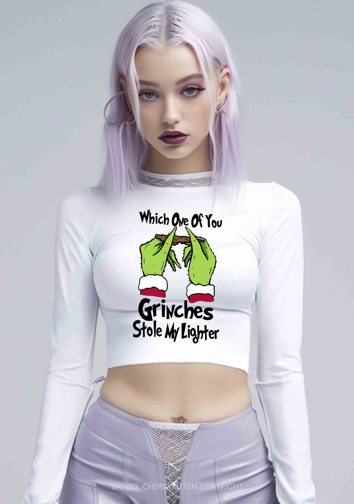 Which One Of You Stole My Lighter Christmas Y2K Long Sleeve Crop Top Cherrykitten