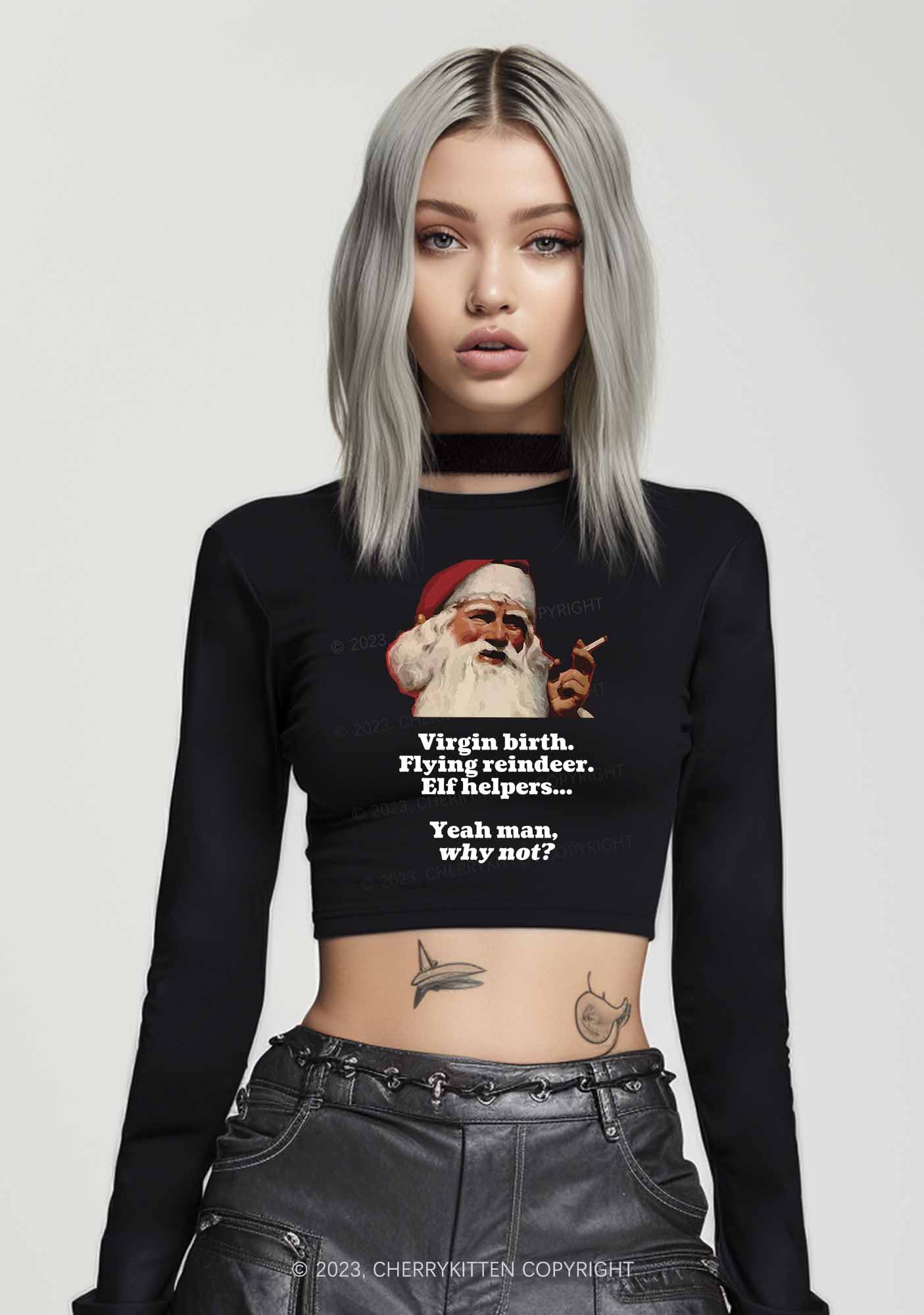 Yeah Man Why Not Christmas Y2K Long Sleeve Crop Top Cherrykitten