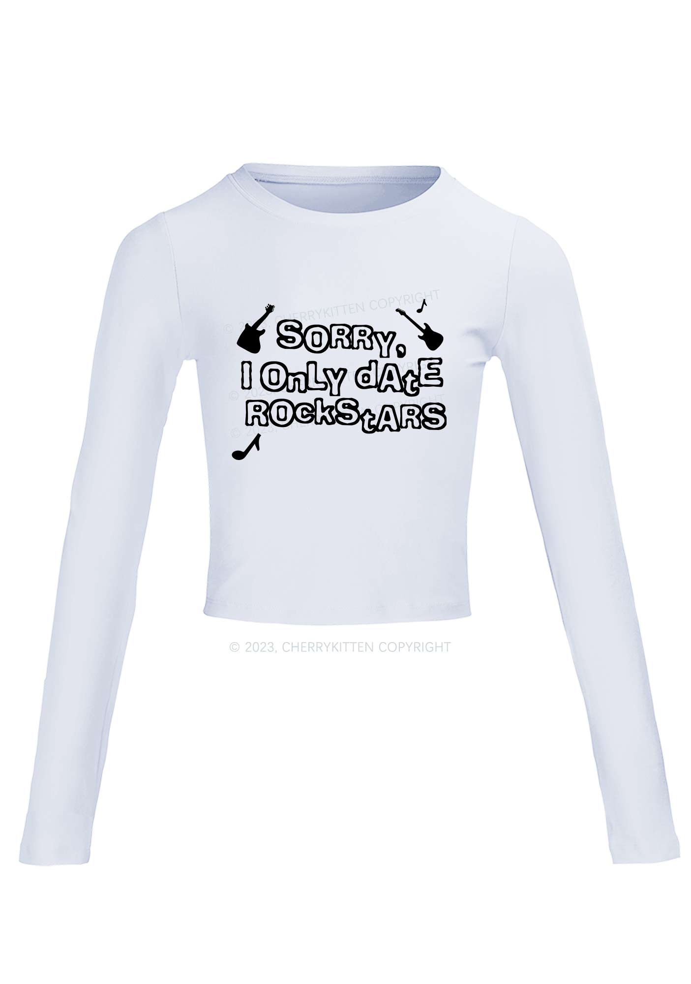 Only Date Rockstars Guitars Long Sleeve Crop Top Cherrykitten