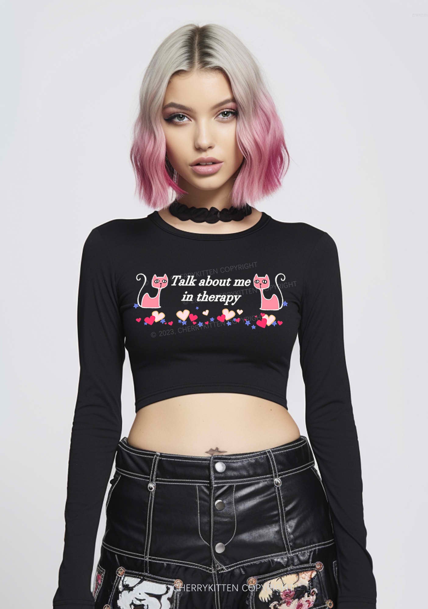 Talk About Me Pink Cats Y2K Long Sleeve Crop Top Cherrykitten