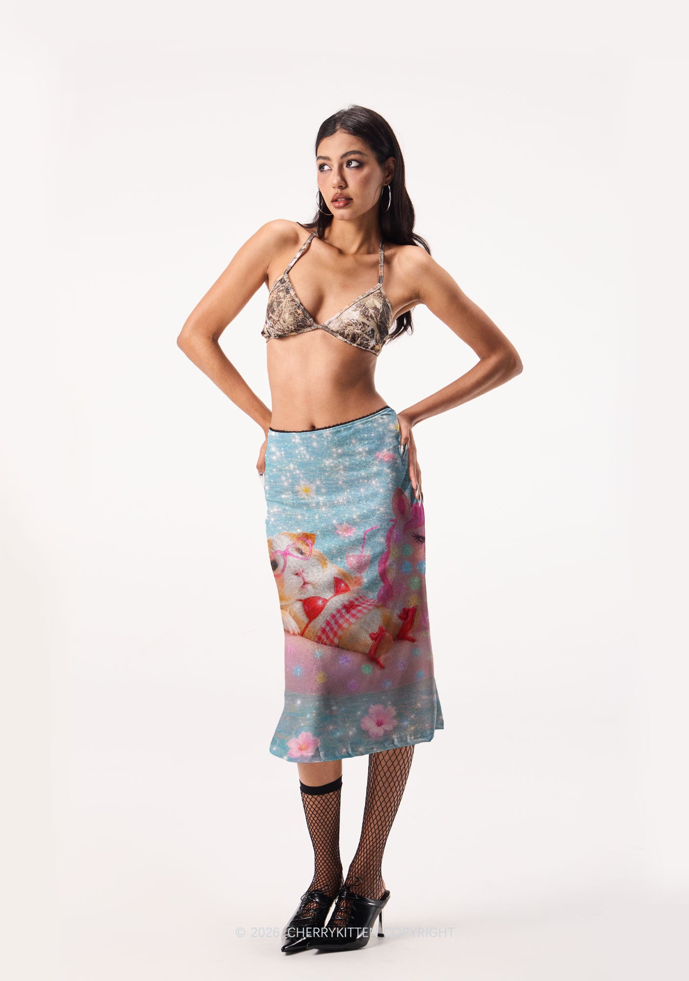 Guinea Pig On Unicorn Y2K Print Midi Skirt Cherrykitten