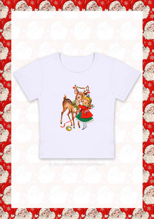 Christmas Girl and Reindeer Y2K Baby Tee Cherrykitten