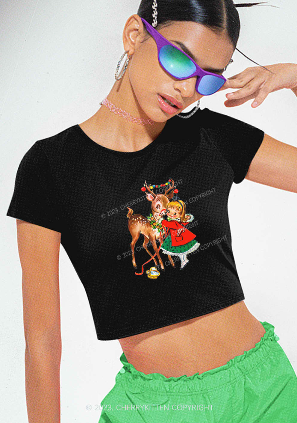Christmas Girl and Reindeer Y2K Baby Tee Cherrykitten