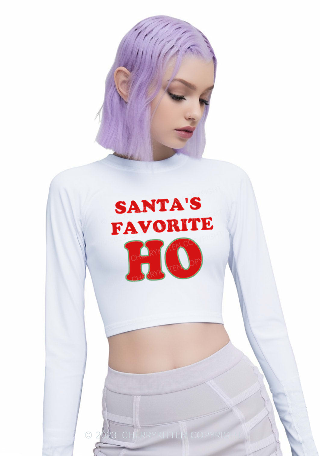 Santa's Favorite Christmas Y2K Long Sleeve Crop Top Cherrykitten