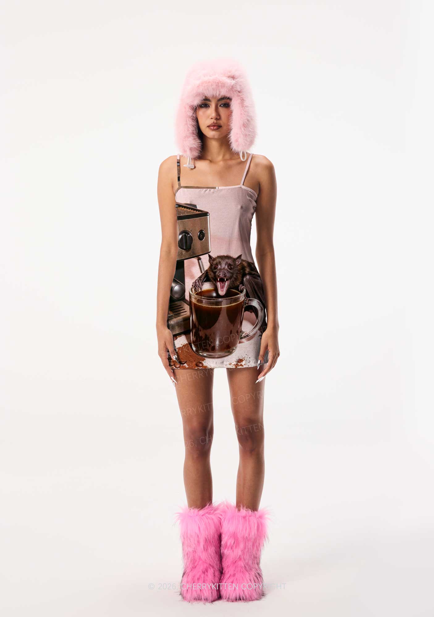 Halloween Bat Coffee Y2K Print Slip Dress Cherrykitten