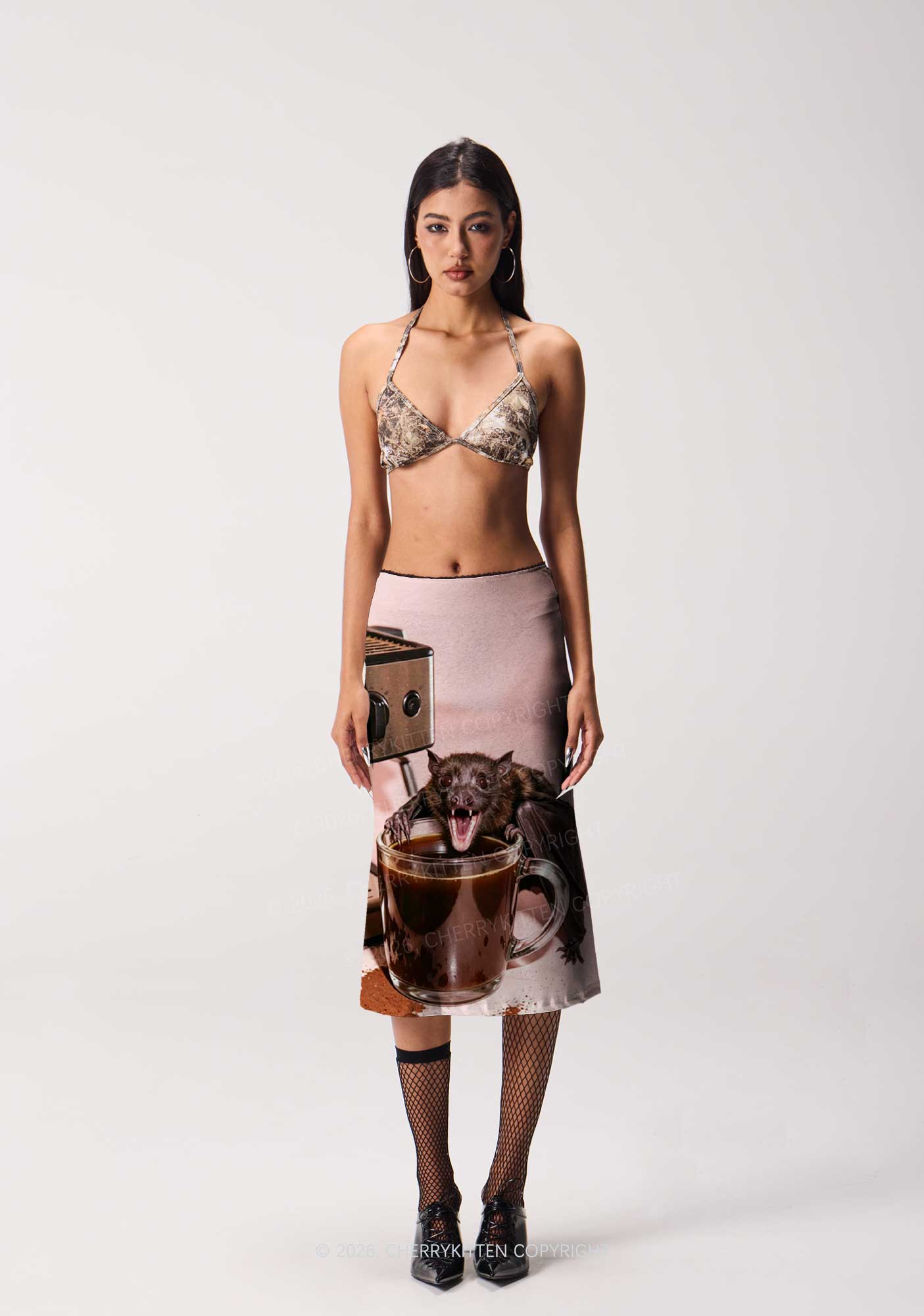 Halloween Bat Coffee Y2K Print Midi Skirt Cherrykitten