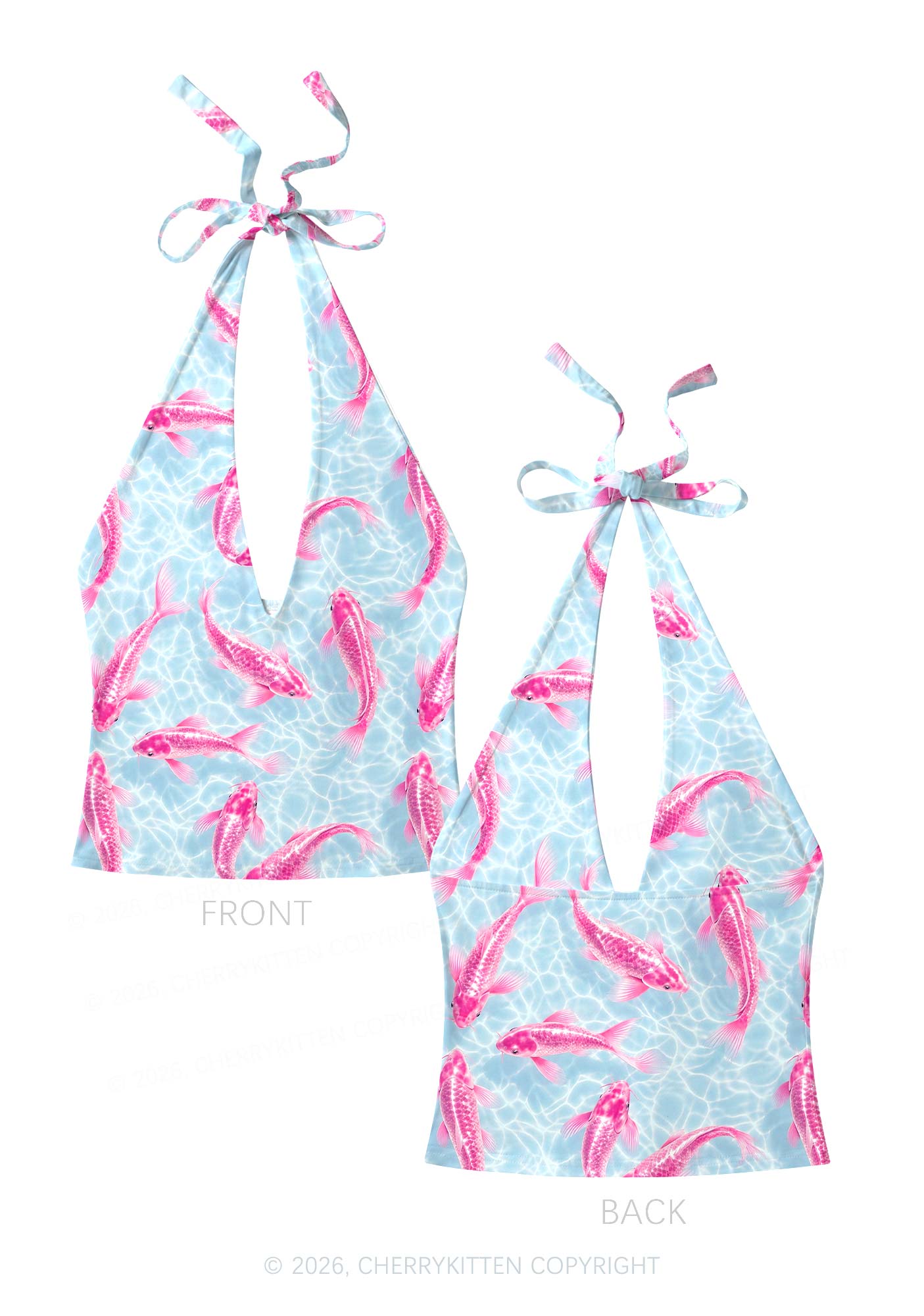Pink Koi Fish Y2K Print Halter Deep V Neck Cami Cherrykitten