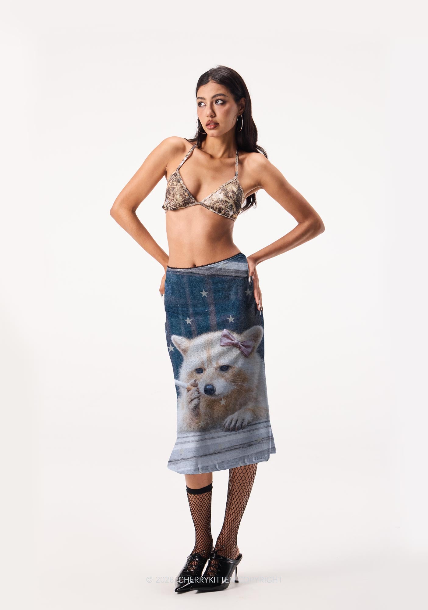 Pink Bow Smoking Raccoon Y2K Print Midi Skirt Cherrykitten