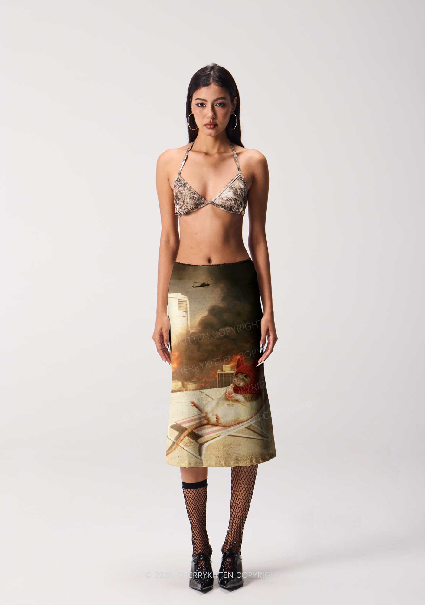 Halloween Fire City Devil Hat Rat Y2K Print Midi Skirt Cherrykitten