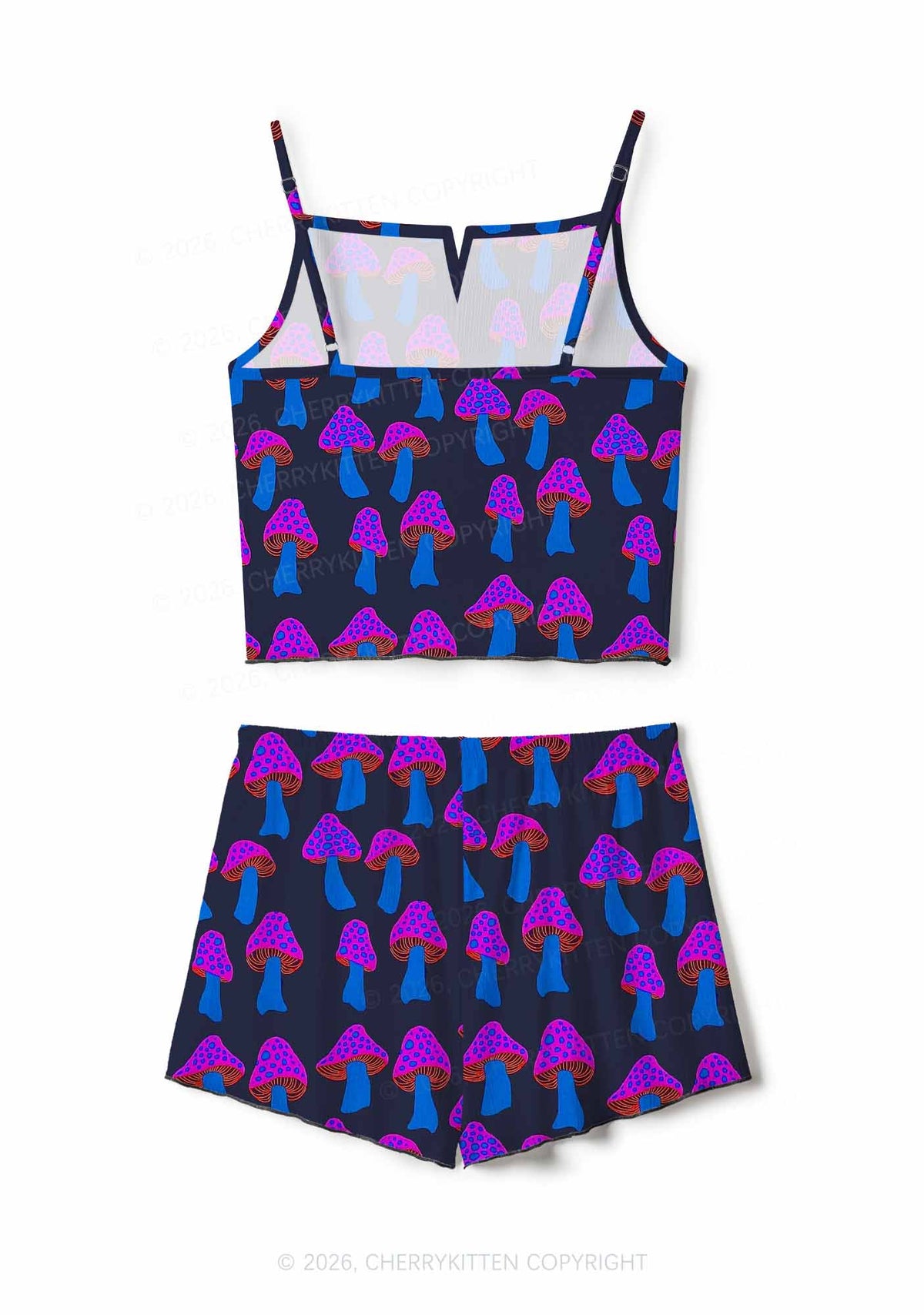 Blue Mushroom Y2K Print Cami Shorts Pajama Set Cherrykitten
