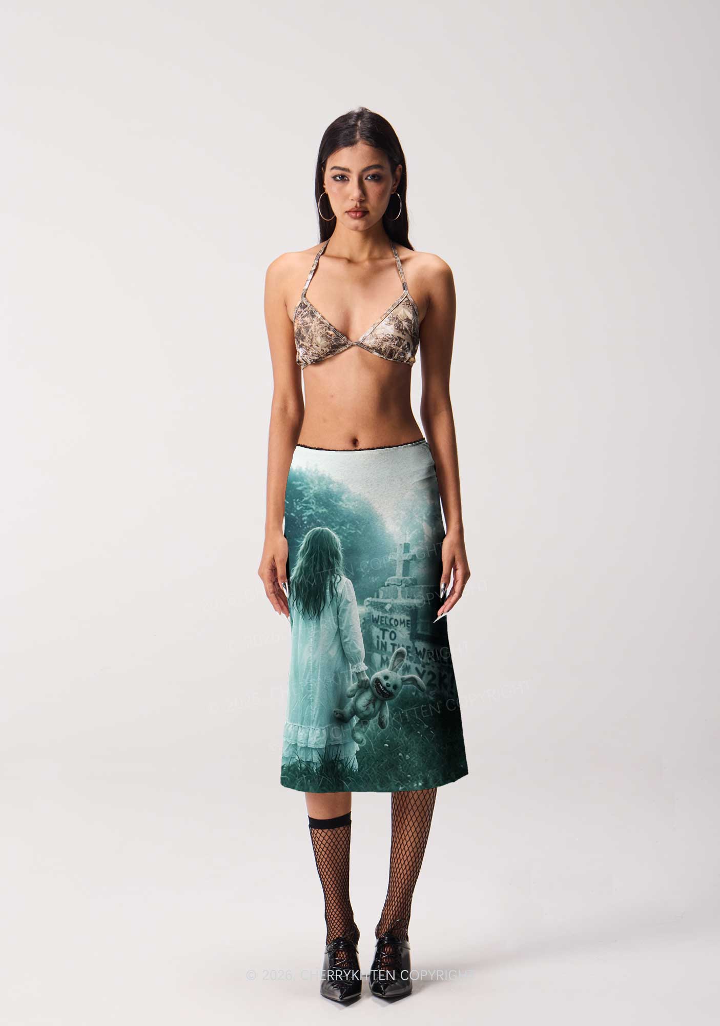 Halloween Graveyard Bunny Doll Y2K Print Midi Skirt Cherrykitten