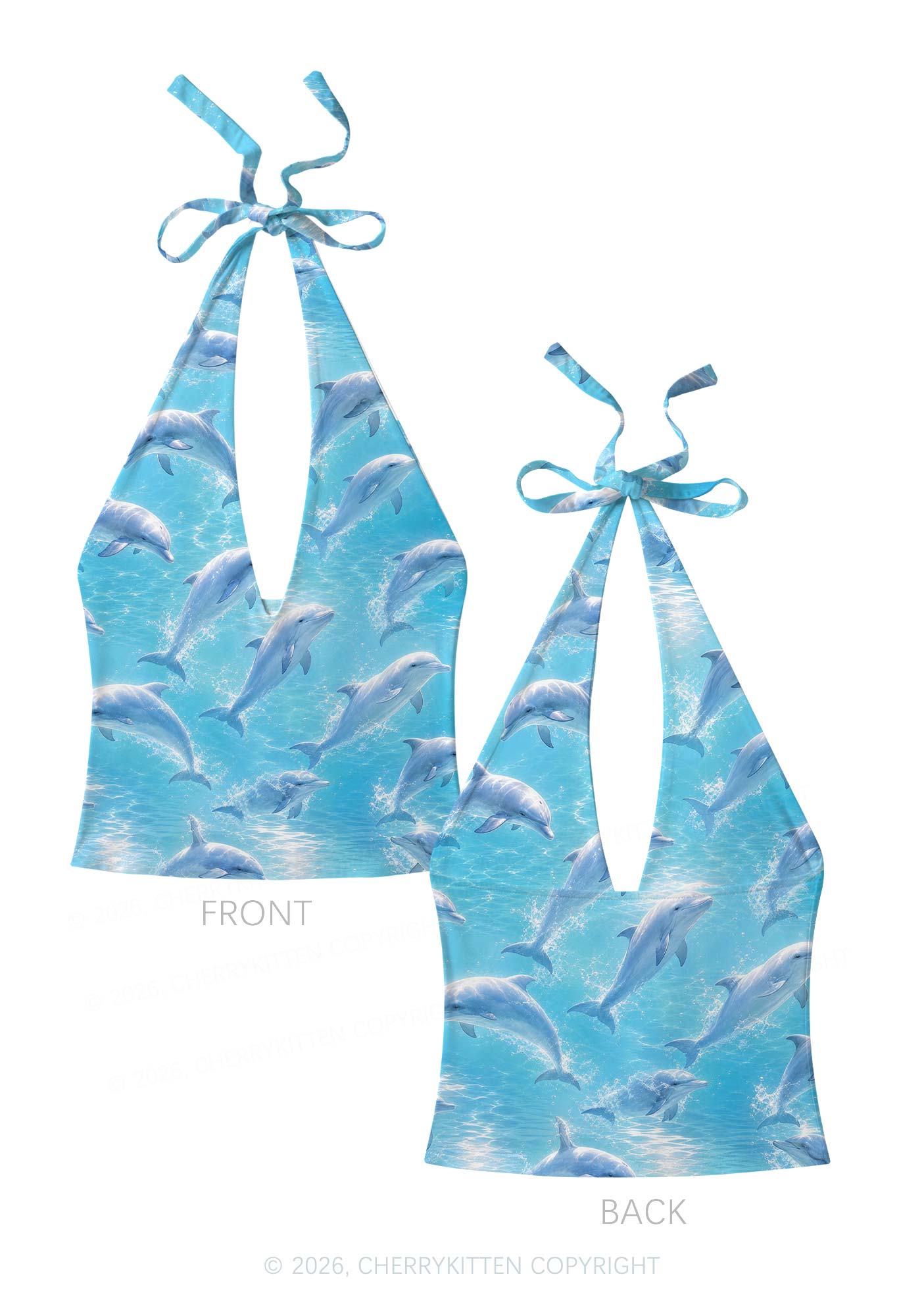 Blue Dolphin Y2K Print Halter Deep V Neck Cami Cherrykitten