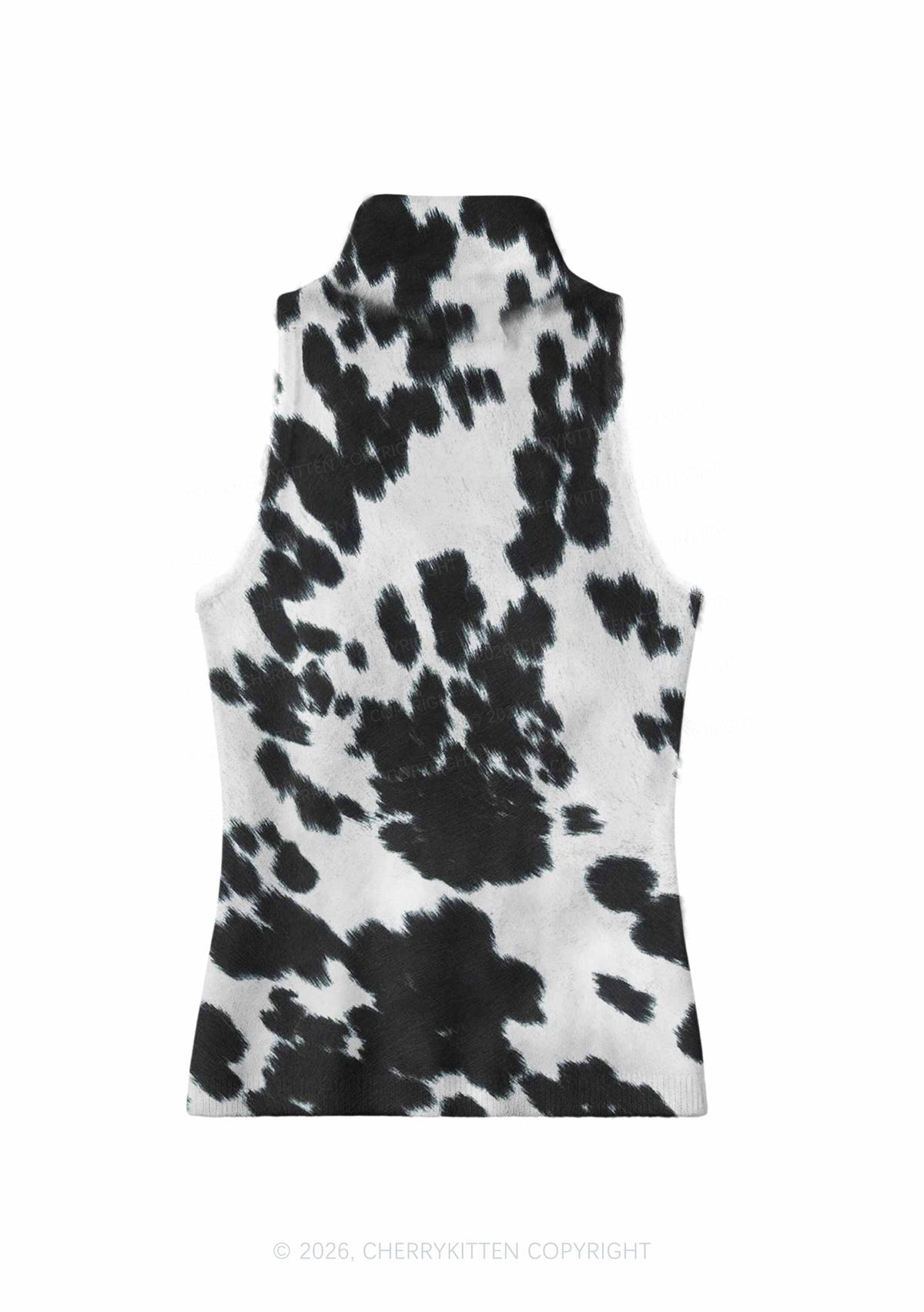 Black And White Cow Dots Y2K Knit Turtleneck Tank Top Cherrykitten