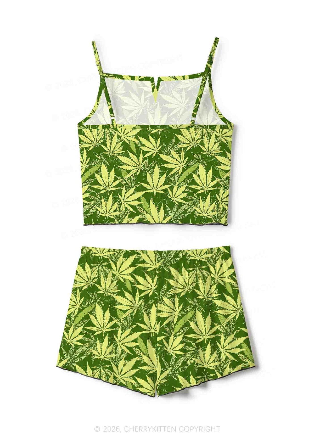 Green Wxxd Leaf Y2K Print Cami Shorts Pajama Set Cherrykitten