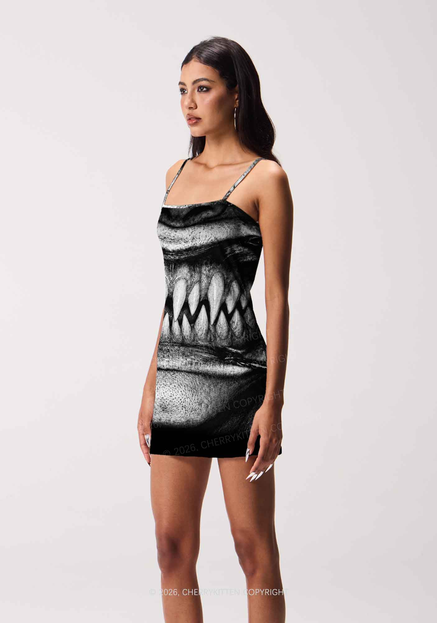 Halloween Monster Sharp Fangs Y2K Print Slip Dress Cherrykitten