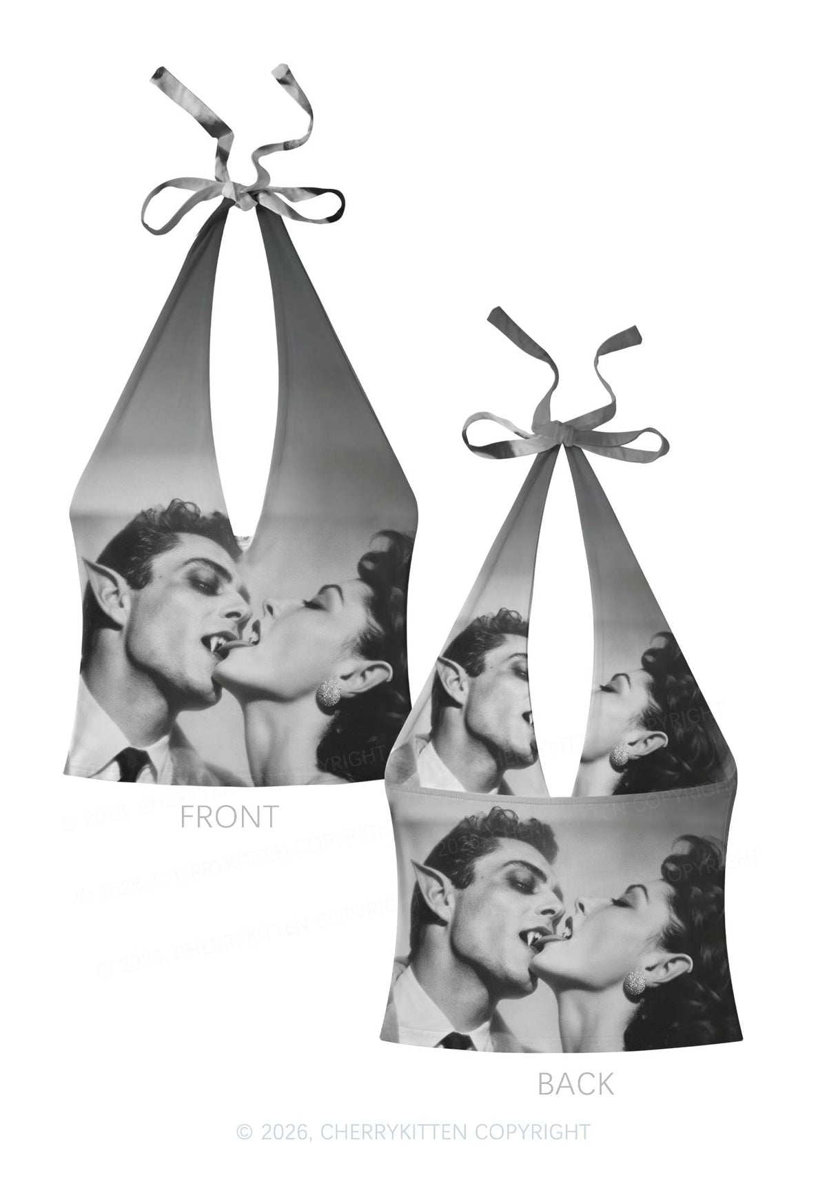 Halloween Vampire Couple Y2K Print Halter Deep V Neck Cami Cherrykitten