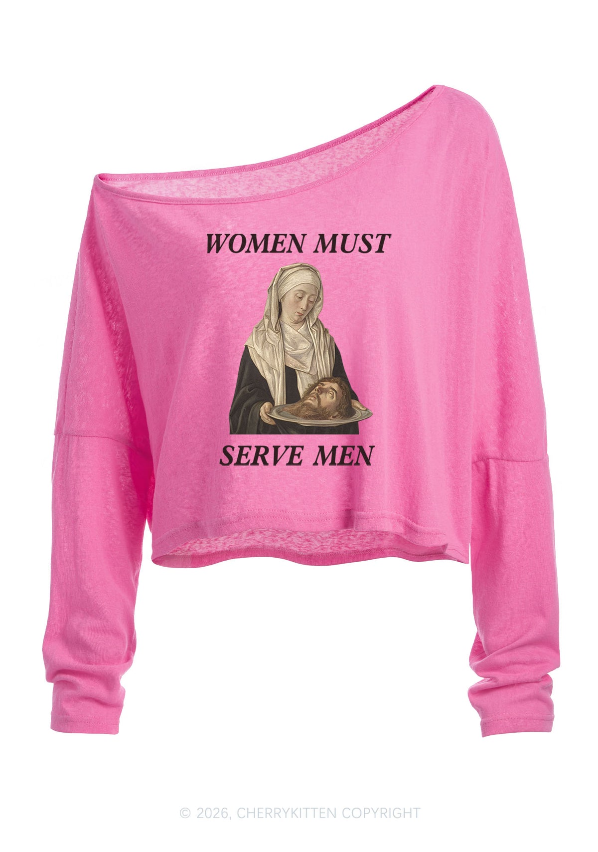 Women Must Serve Men Y2K Off Shoulder Long Sleeve Crop Top Cherrykitten