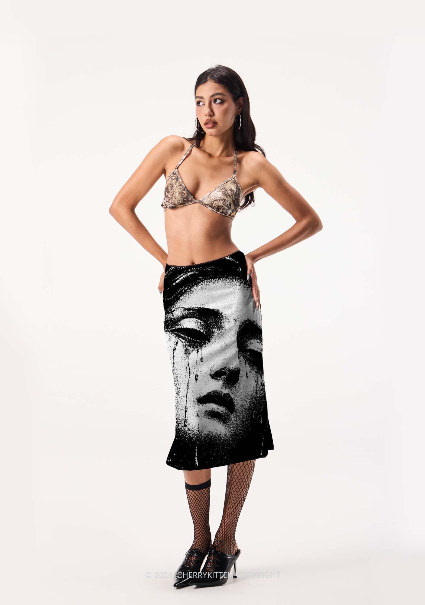 Halloween Weeping Veiled Woman Y2K Print Midi Skirt Cherrykitten