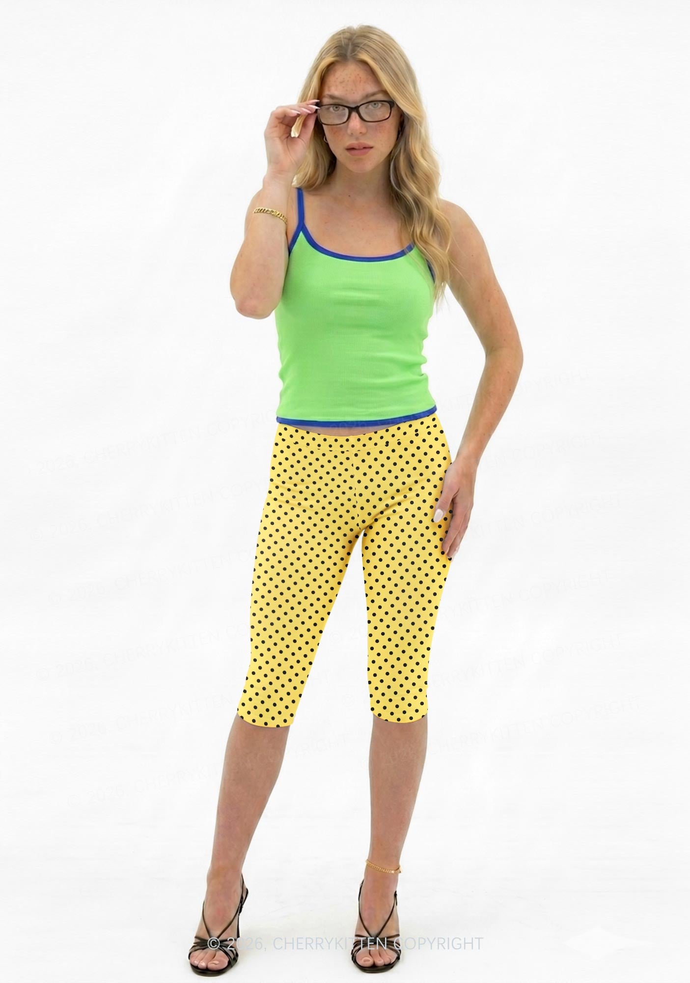 Black Dots On Yellow Y2K Print Capri Pants Cherrykitten
