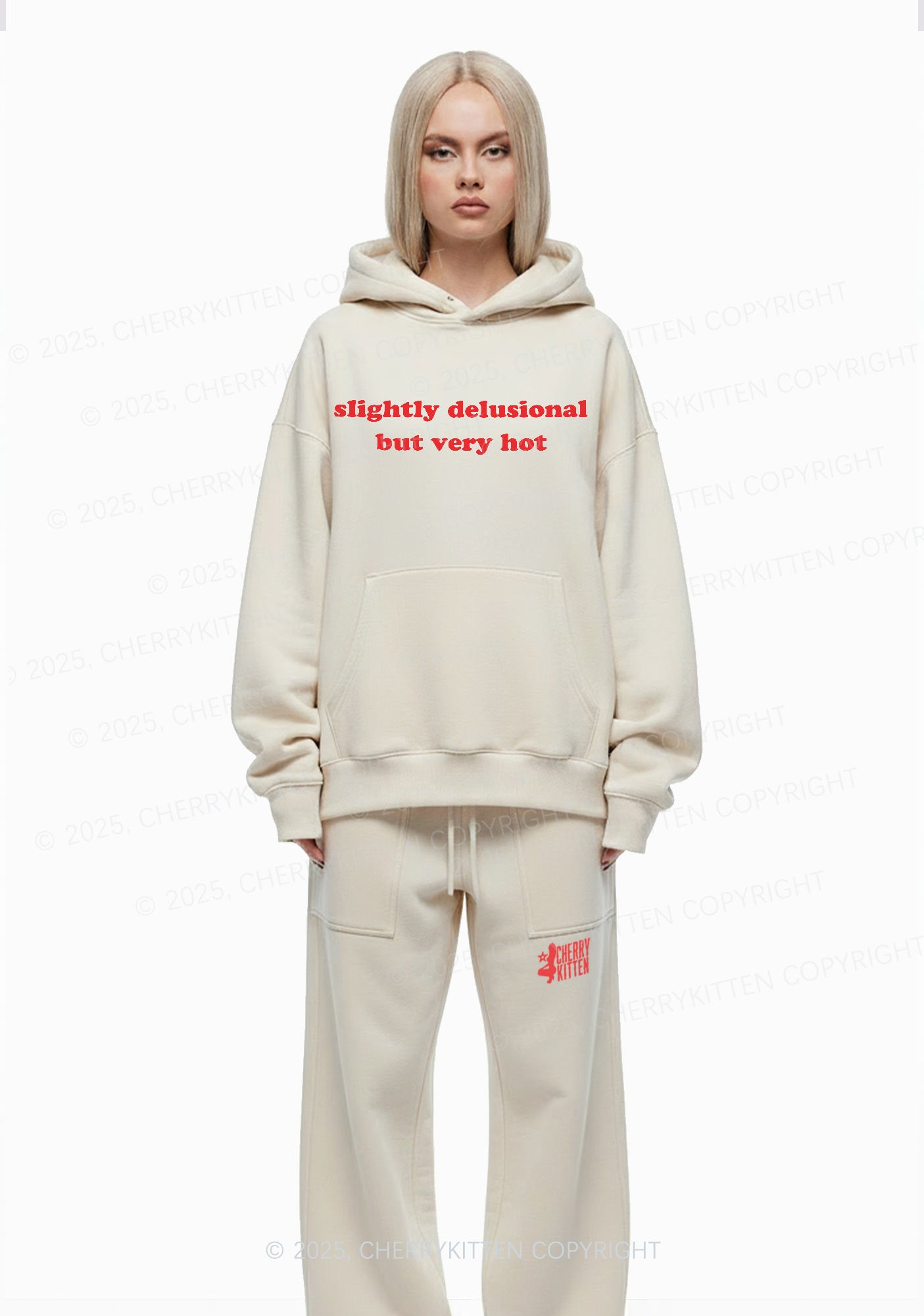 Slightly Delusional But Very Hot Y2K Fleece Hoodie Set Cherrykitten
