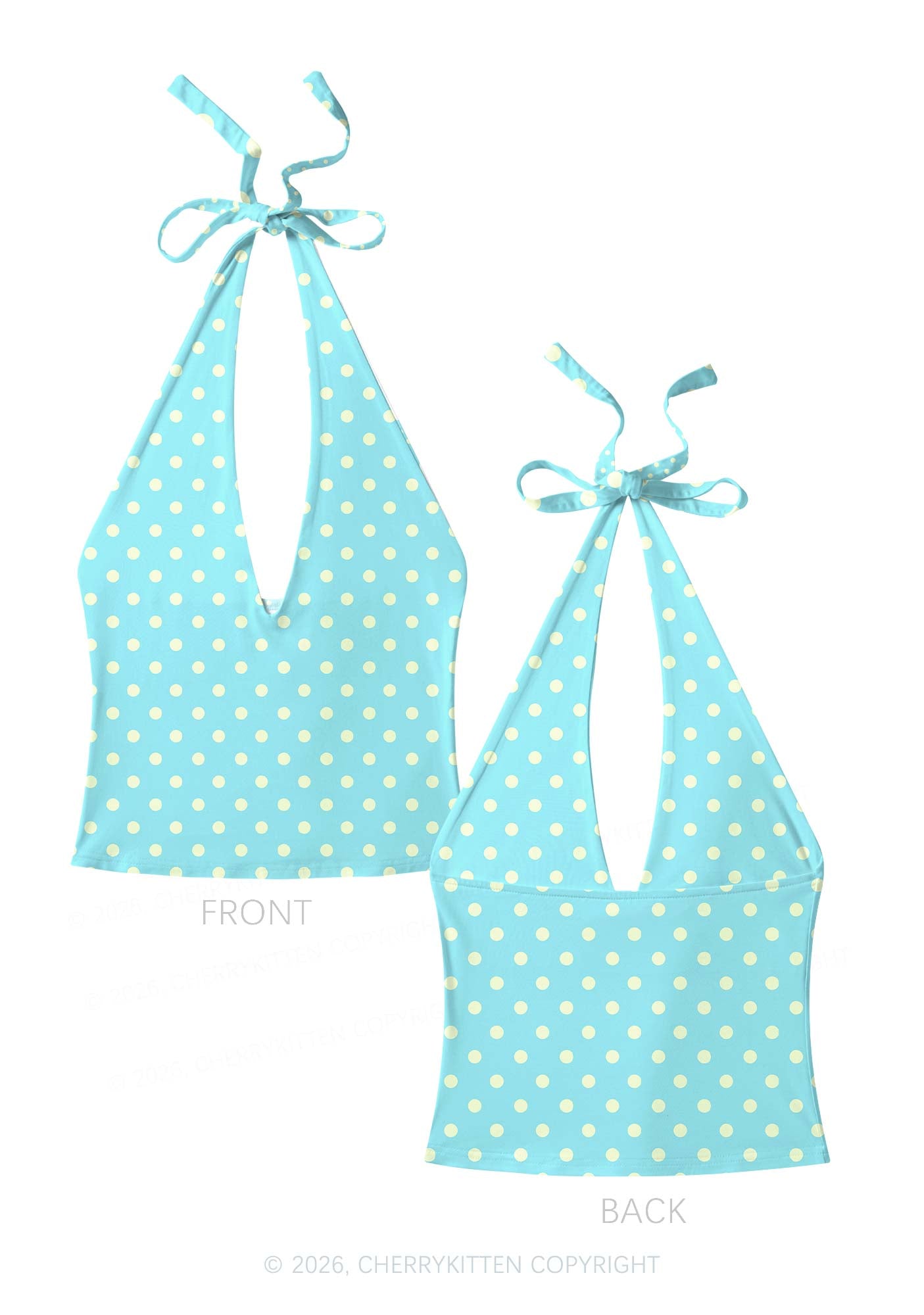 Yellow Dots On Blue Y2K Print Halter Deep V Neck Cami Cherrykitten