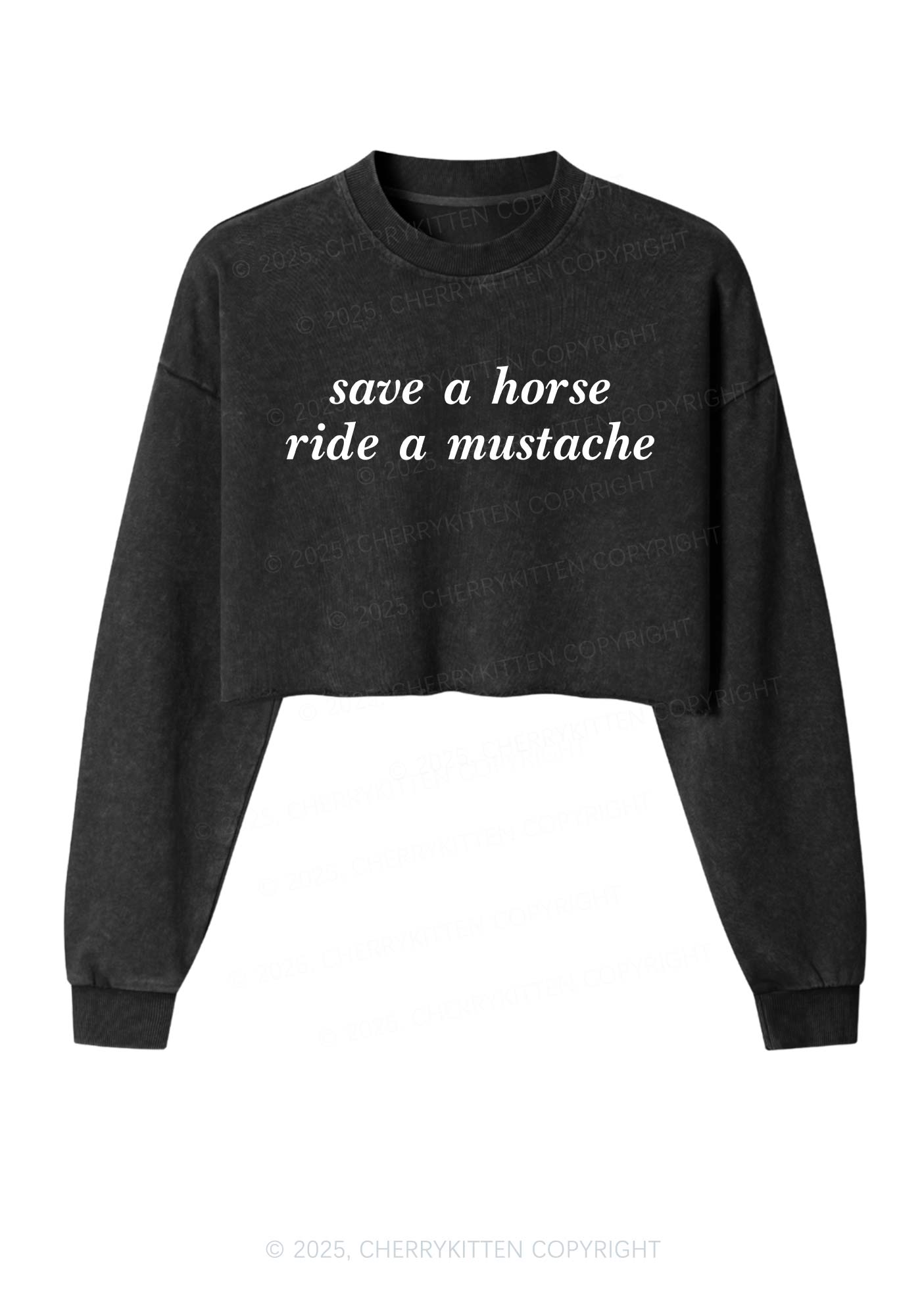Ride A Mustache Y2K Crop Washed Sweatshirts Cherrykitten