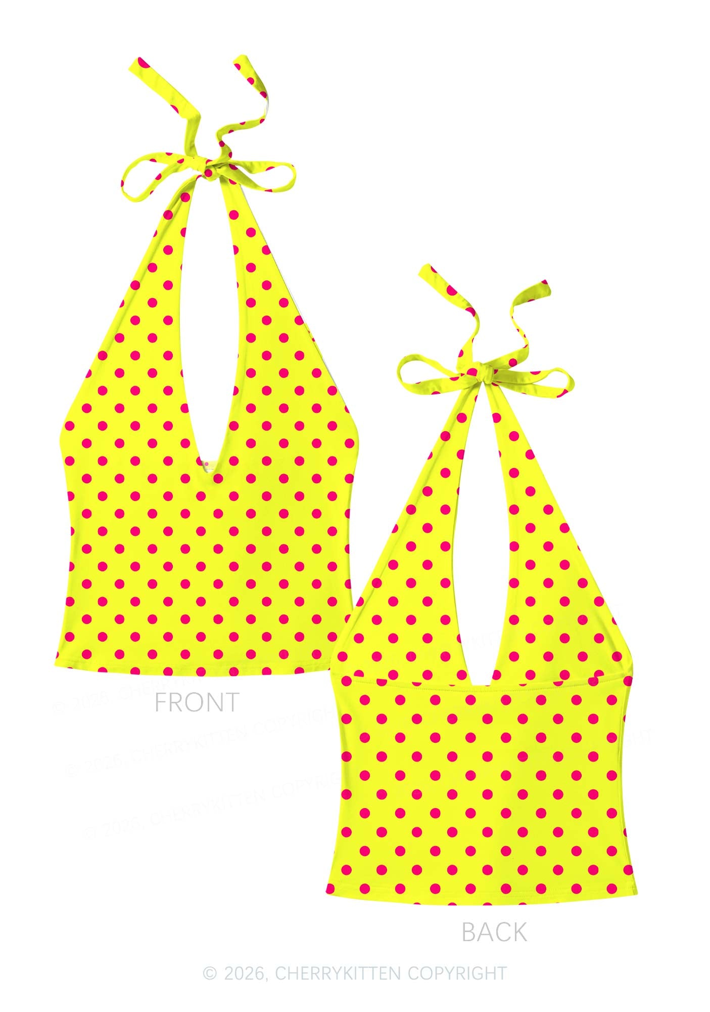 Hot Pink Dots On Yellow Y2K Print Halter Deep V Neck Cami Cherrykitten