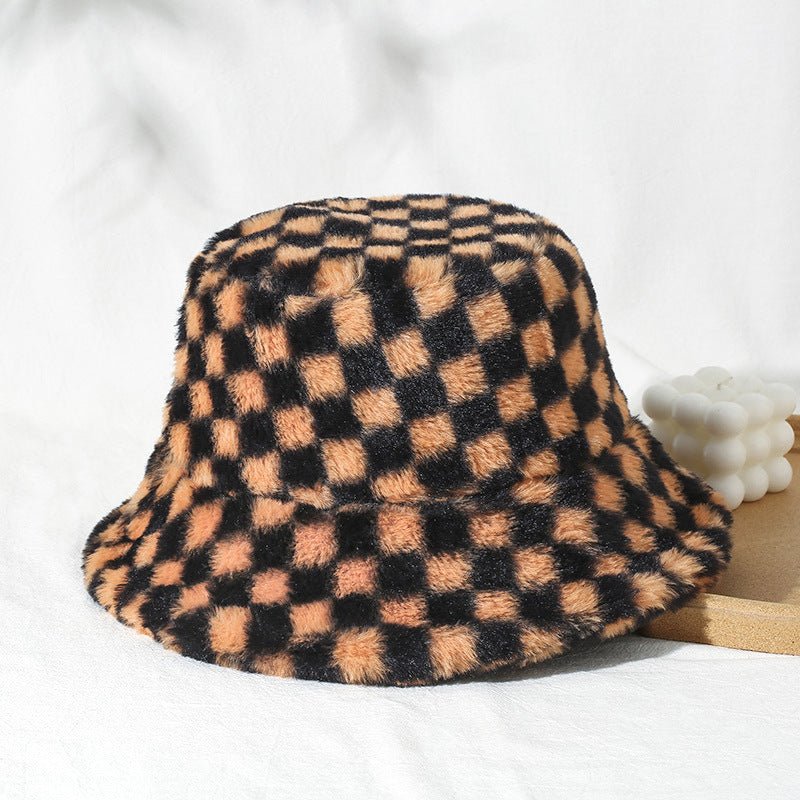 Black Plaid Faux Wool Plush Bucket Hat - cherrykittenBlack Plaid Faux Wool Plush Bucket Hat