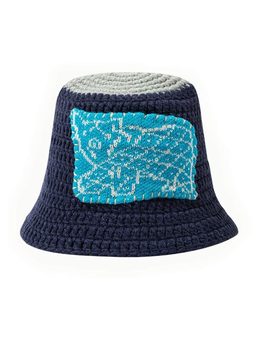 Blue Block Knitted Bucket Hat - cherrykittenBlue Block Knitted Bucket Hat