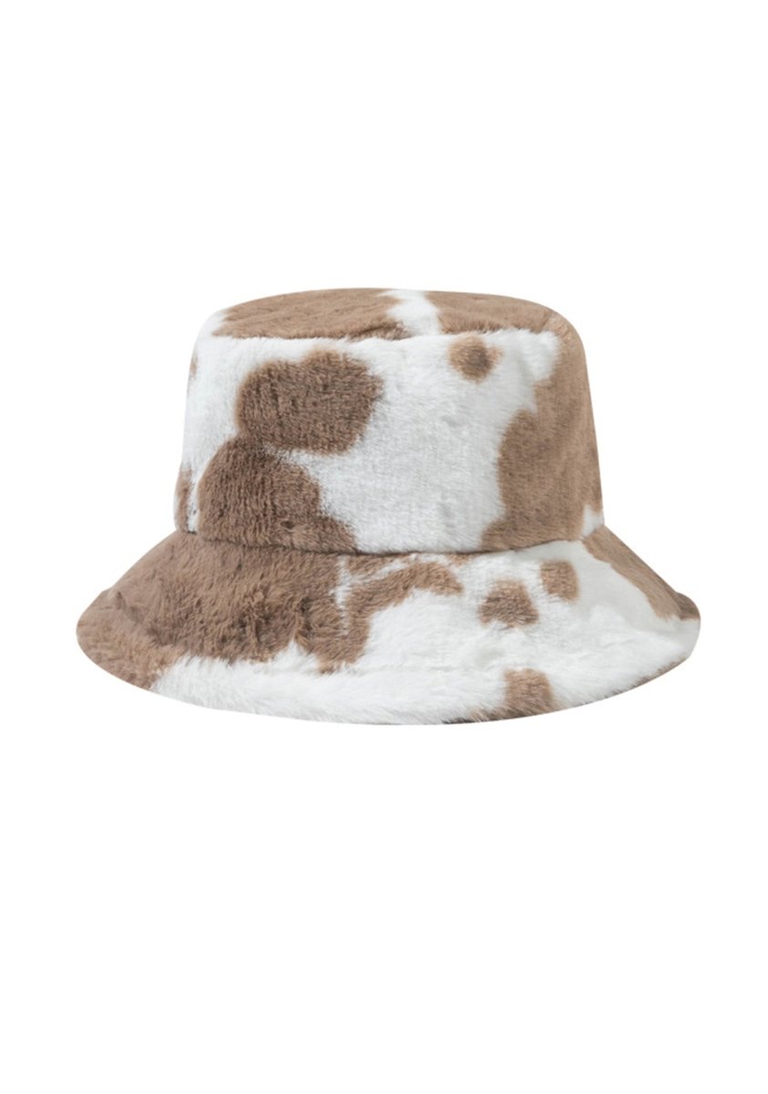 Cow Print Faux Wool Plush Bucket Hat - cherrykittenCow Print Faux Wool Plush Bucket Hat