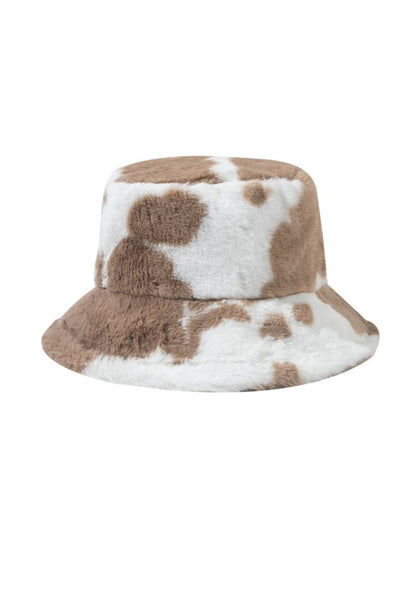 Cow Print Faux Wool Plush Bucket Hat - cherrykittenCow Print Faux Wool Plush Bucket Hat
