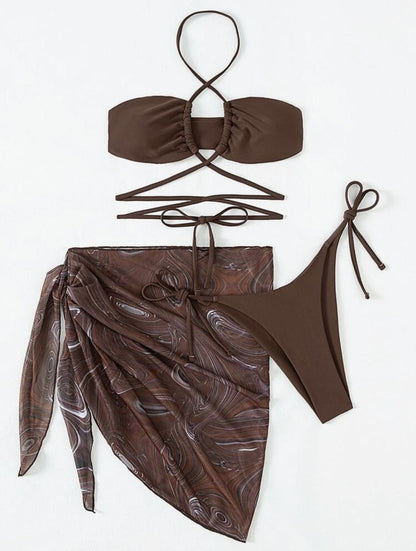 Drawstring Tie Skirt Mesh Three-Piece Bikini - cherrykittenDrawstring Tie Skirt Mesh Three-Piece Bikini